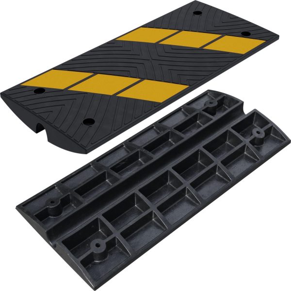 Front and bottom views Made of Durable Tire Rubber ； Yellow Reflective Stripe increase Visibility； 1 Channels underneath for running cable; Support up to 20,000 pounds;