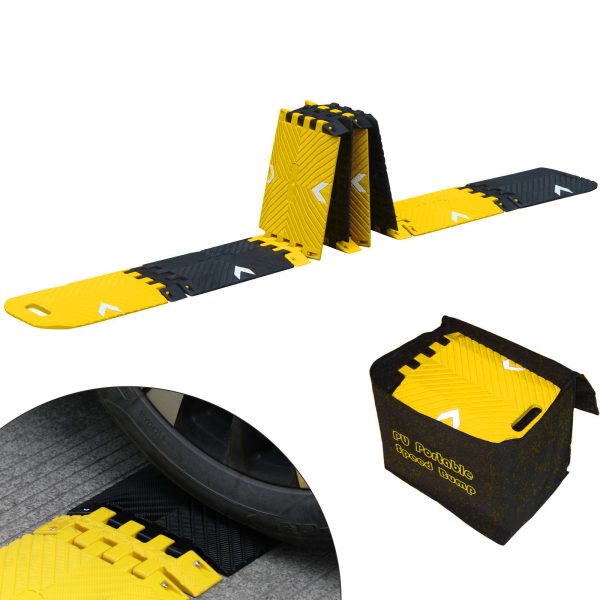 Portable Speed Bump 10Ft Length： Made of Durable polyurethane. Light Weight 25Lbs for Easy Carry up; Fold or unfold easily by one person; Yellow/Black Color with Reflector increase Visibility; supports up to 40000 lbs;