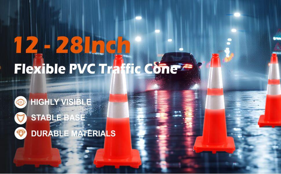 12-28lnchFlexible PVc Traffic cones： Highly visible, stable base, durable materials HIGH VISIBILITY: Reflective tapes comply with ASTM TYPE IV standard, lt is very eye-catching both day and night, providing a good warning effect.