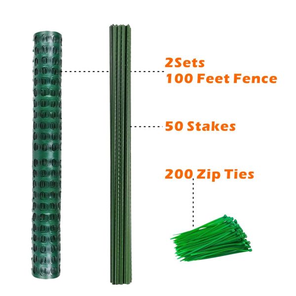 Made up of Mesh Fence Roll , Stake and Zip Ties; 2Sets 100 Feet Fence, 50 Stakes and 200 Zip Ties;