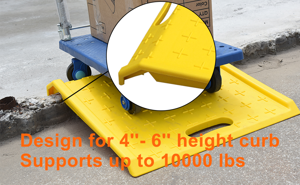 Designed for 4" - 6" high curbs, side rails help prevent objects from sliding off the edge, reducing the risk of losing balance. Supports up to 10,000 lbs;