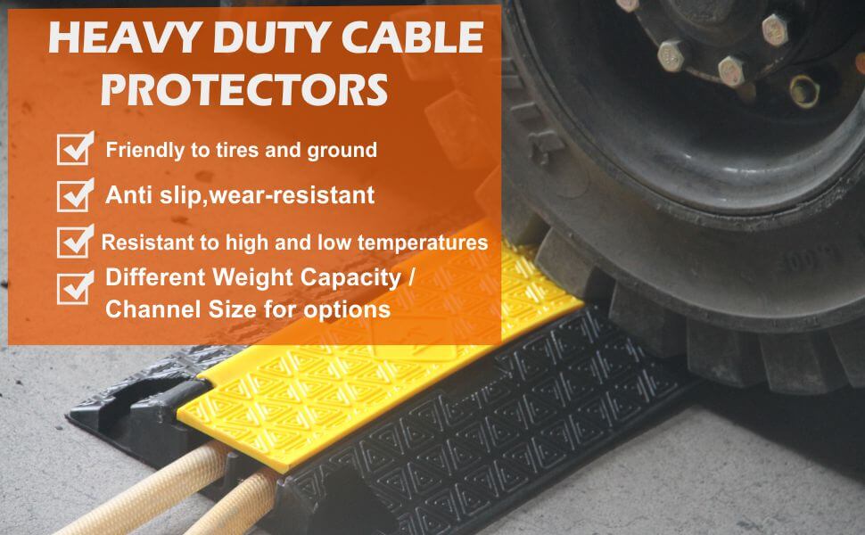 Cable Protector with Lid: Friendly to tires and ground; Anti slip,wear-resistant; Resistant to high and low temperatures; Different Weight Capacity /Channel Size for options;