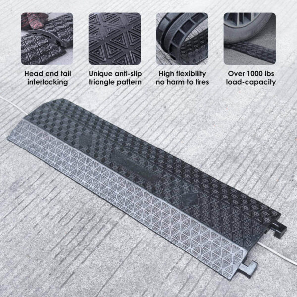 Head and tail interlocking; Unique anti-slip triangle pattern; High flexibility no harm to tires; Over 1000 lbs load-capacity;